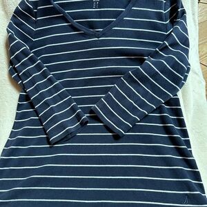 Nautica Navy and White Striped V-Neck Top